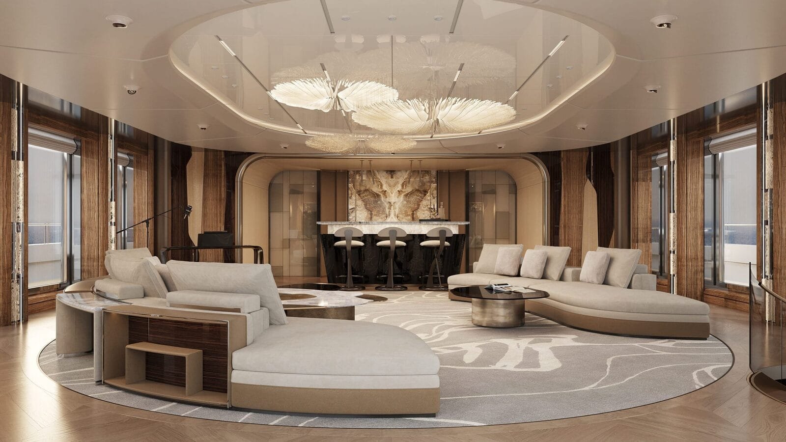 Yacht main salon with hanging artwork
